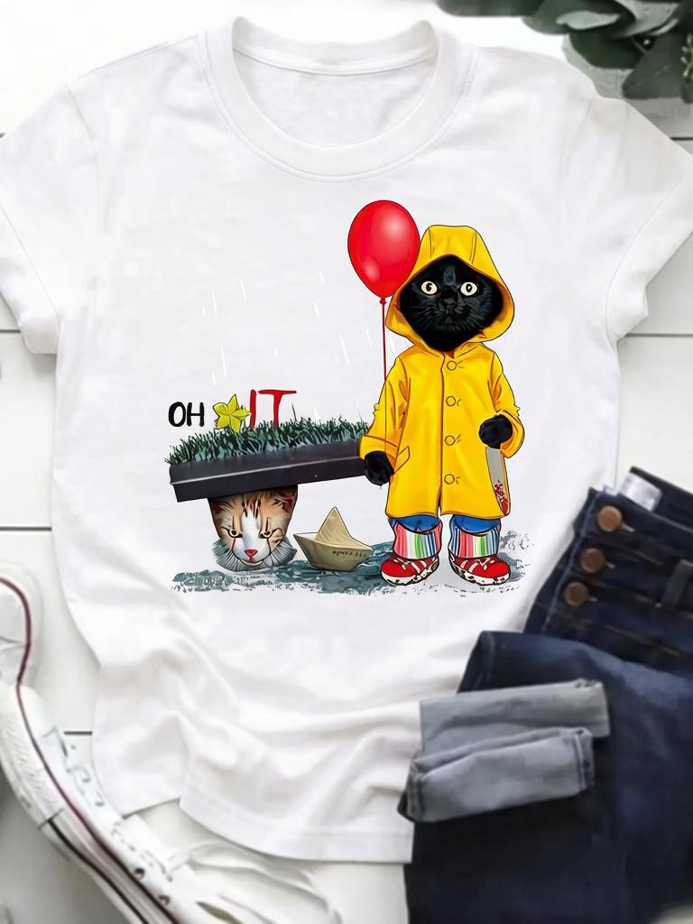 2026 Summer Horror Movie Cat Parody Womens Tee Funny IT Pennywise Black Graphic Top S