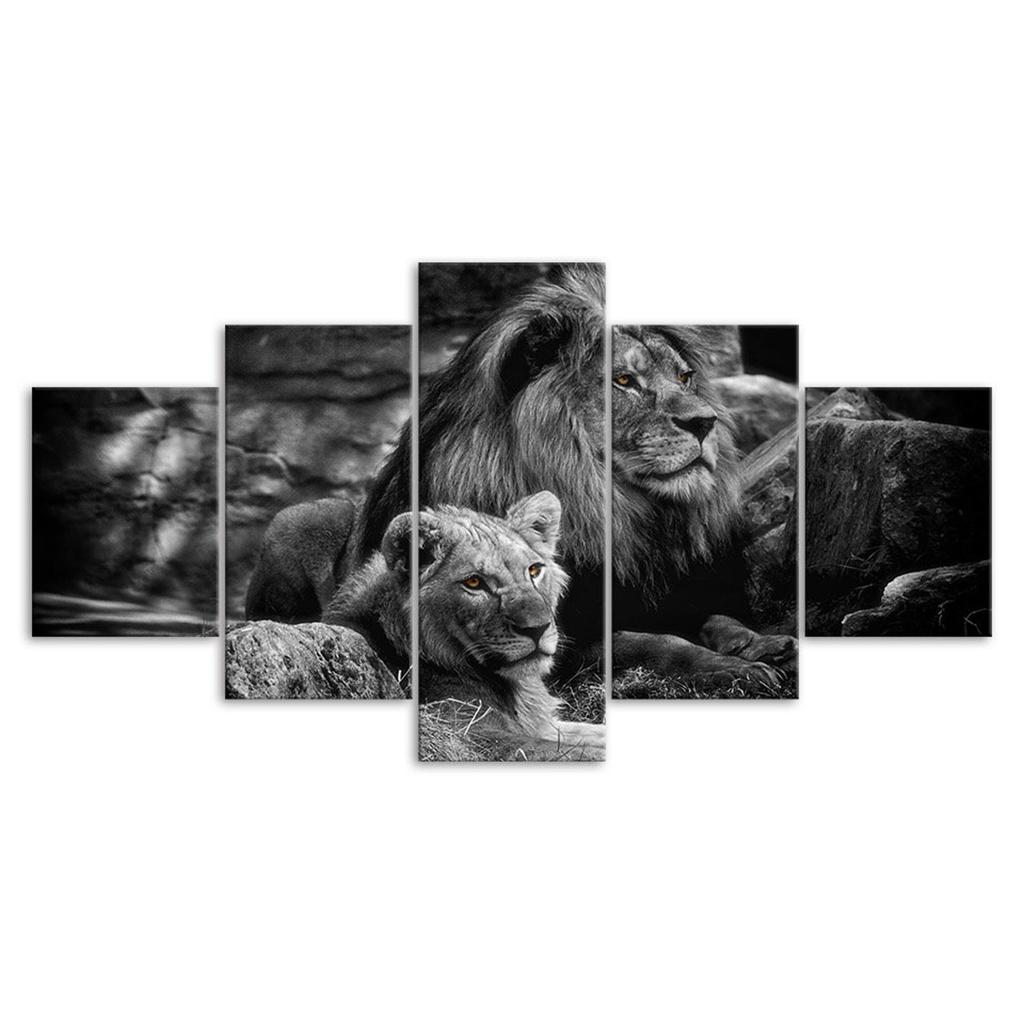 Lion Family Animal Couple White Black Scene 5 Piece Five Panel Wall Canvas Print Modern Art Poster Home Decor Gift For Him For Her