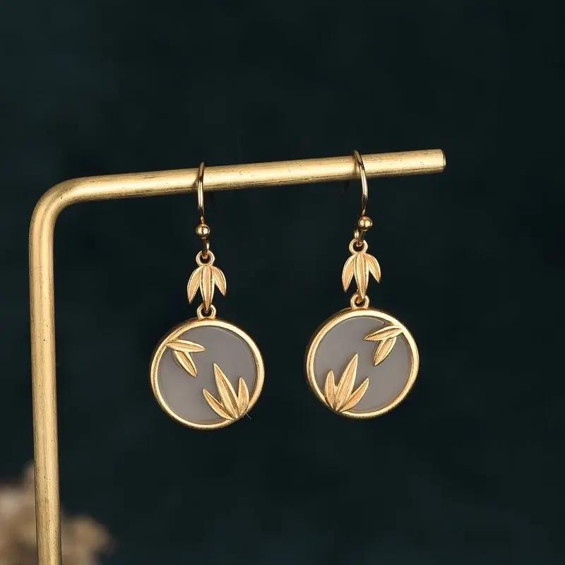 Classic Palace Style Earrings Copper Gold Plated Imitation Hotan Jade Earrings China-Chic Bamboo Leaves Premium Earrings Jewelry