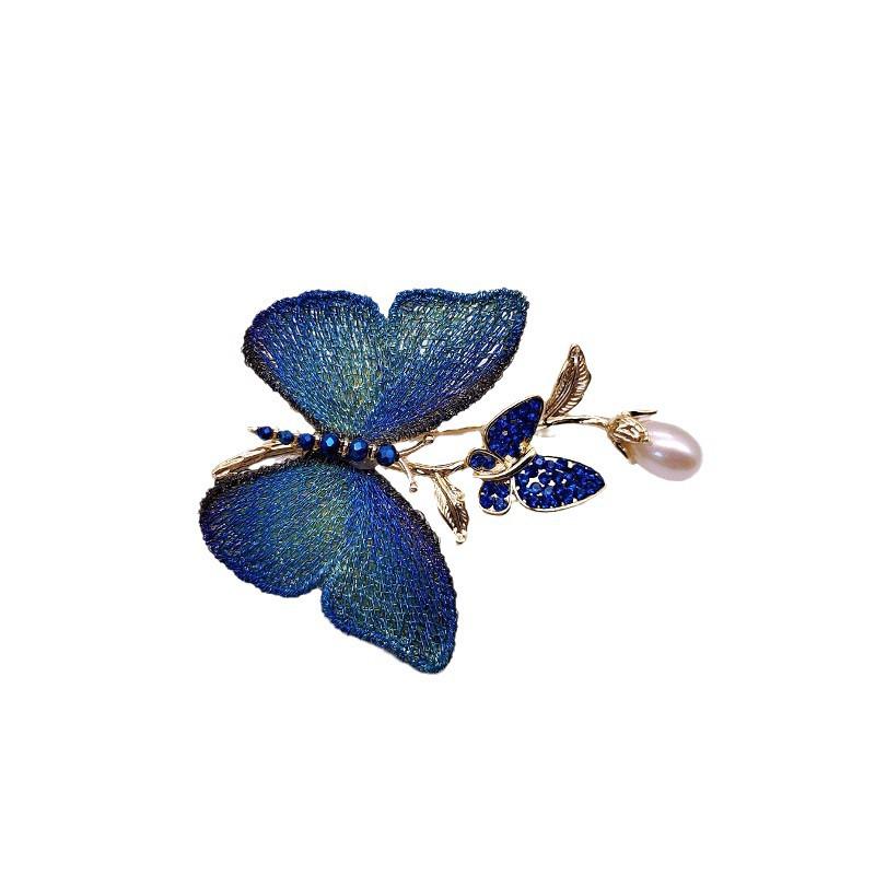 Vintage Chinese Embroidered Butterfly Brooch with Rhinestones and Pearls for Women