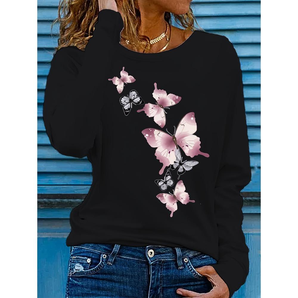 Spring and Autumn women's fashionable casual butterfly pattern printed round neck long sleeved T-shirt base shirt