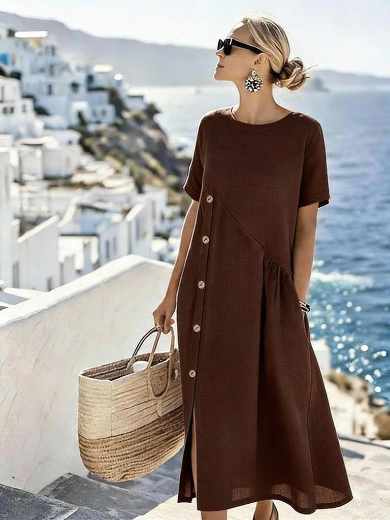 2026 Europäisches & Amerikanisches Lässiges Mittellanges Kleid mit Knopfdekoration und Faltenaschen