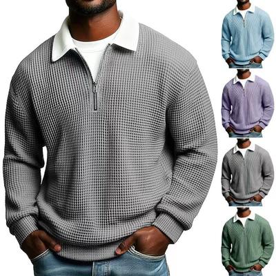 Men's Solid Color Waffle Long Sleeve Spring and Autumn Casual Sports Lapel Zipper POLO Shirt