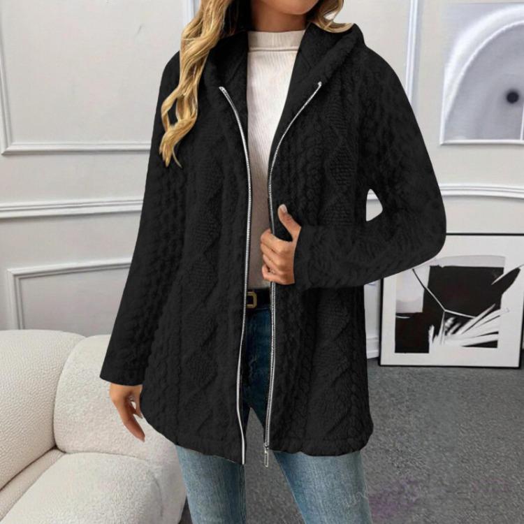 

Fashionable Womens Plush Hooded Jacket Long Sleeve Loose Fit Zipper Down Solid Color S чёрный