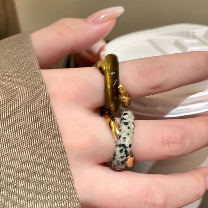 Fashion Double Layers Spotted Natural Stone Metal Round Circle Cocktail Rings For Women Gold Plated Alloy Finger Ring Gifts