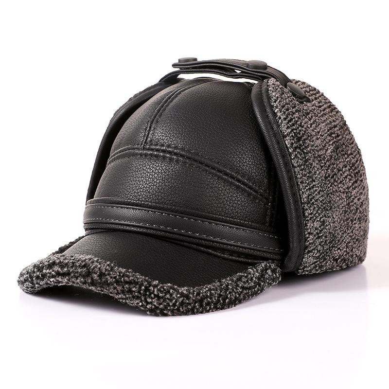 Middle and elderly winter cap pu leather hat men's old hat thickened warm ear protection hat grandpa dad hat