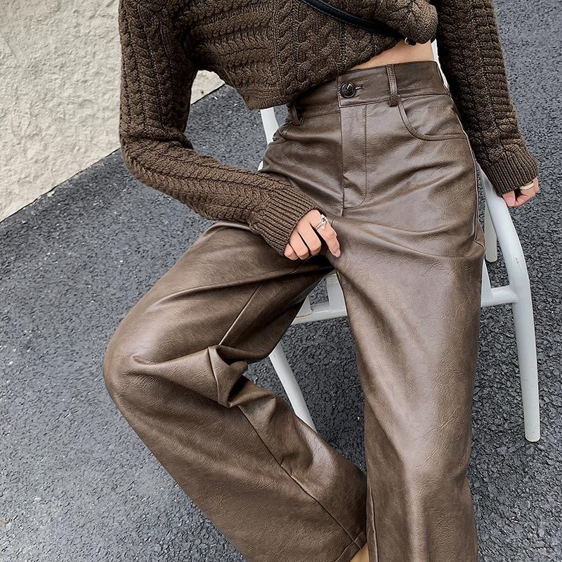 Leather Pants Women's New Coffee-colored Straight and Thin Casual Leather Pants Leather Personalized Loose Wide-leg Pants Children's Autumn and Winter