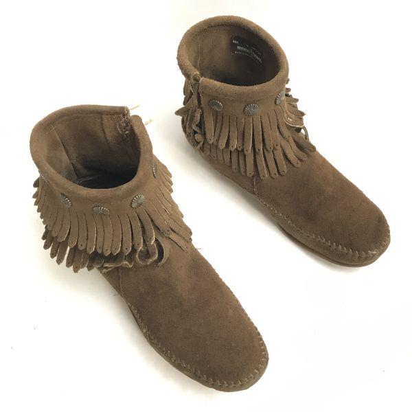 Minnetonka Leather Suede Fringe Boots 8 250 Brown Side Zip Short Boots Leather Shoes(USED)