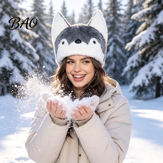 Versatile Wearable Plush Hat Animal Hat, Fox And Wolf Double-sided with 3D Ears, Soft Winter Cap Fuzzy Warm Cute for Men Women Cosplay Party