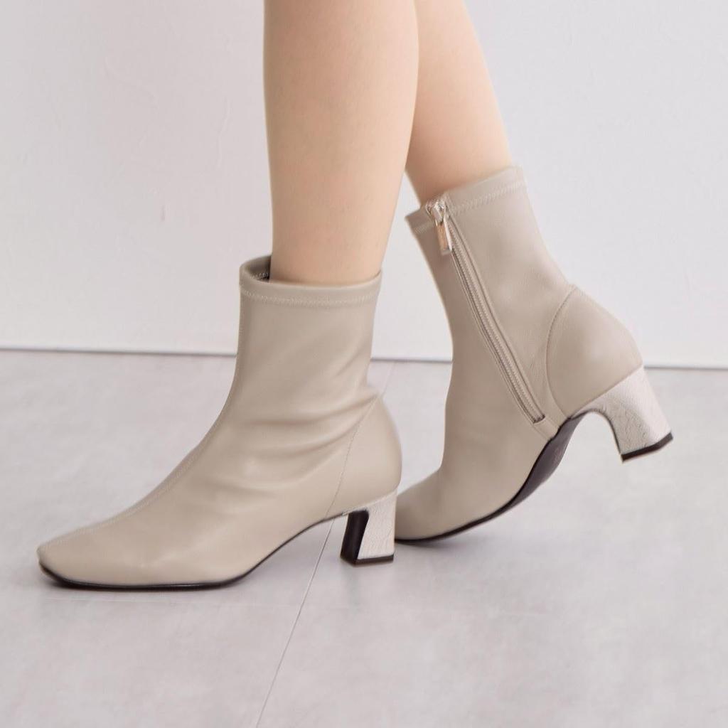 HIMIKO / 5cm modifizierter Absatz Schafleder Stretchstiefel / 641404 elfenbein 265