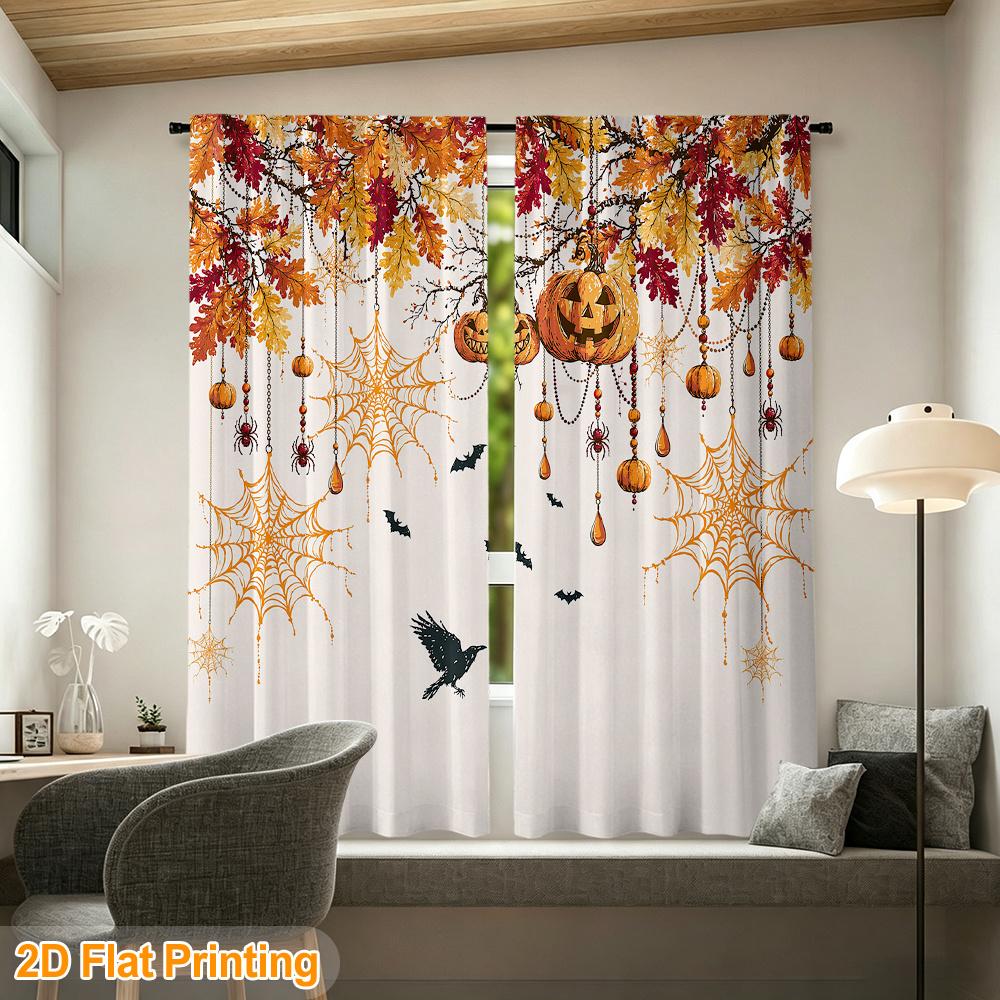 2PCS Halloween Fall Curtains, Pumpkin Spider Web Bat, Digital Print, Bedroom Living Room, Office, Kitchen, Dining Room