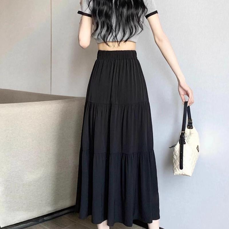 1PC High Waist Skirts Long Skirts A-line Skirts Polyester Chiffon White Elastic Women Vintage