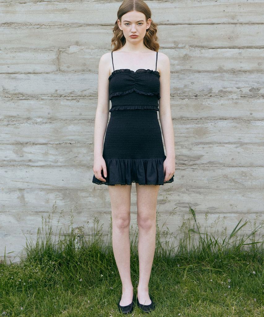 LADY VOLUME Frill Smoked Mini Dress (Black)