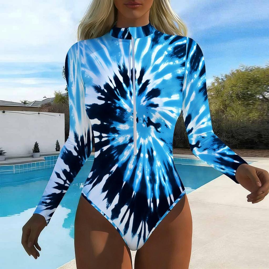Women Long Sleeve One Piece Swimsuit Zip Front  Spiral Tie Dye Print Rash Guard Surfing Bathing Suit