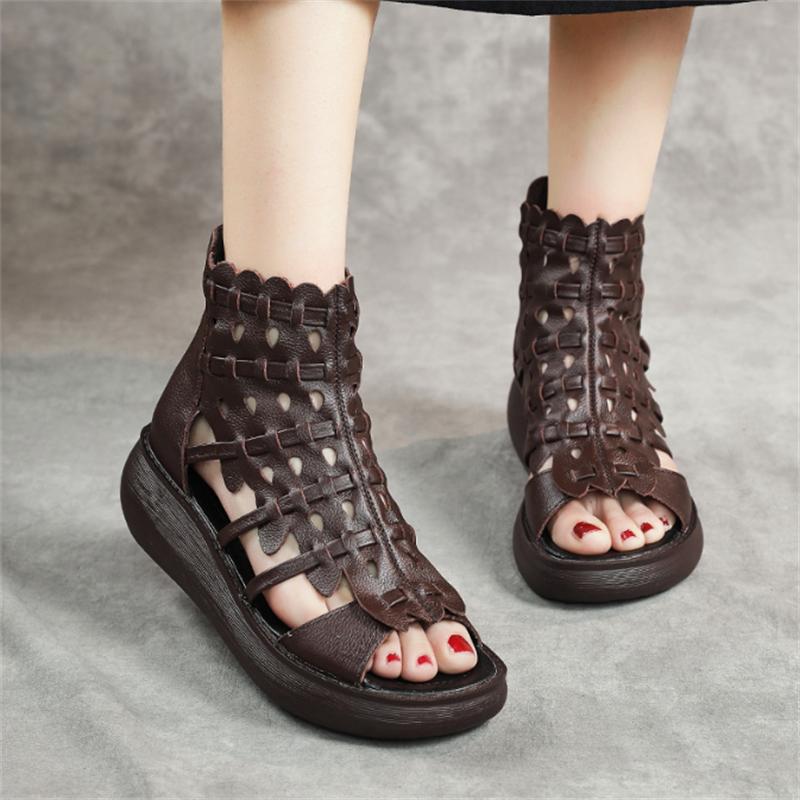 Genuine Leather Roman Women Flat Shoes Women's High Heel Sandals Fashion Casual Sandals New Hollow Open Toe Shoes Female Summer