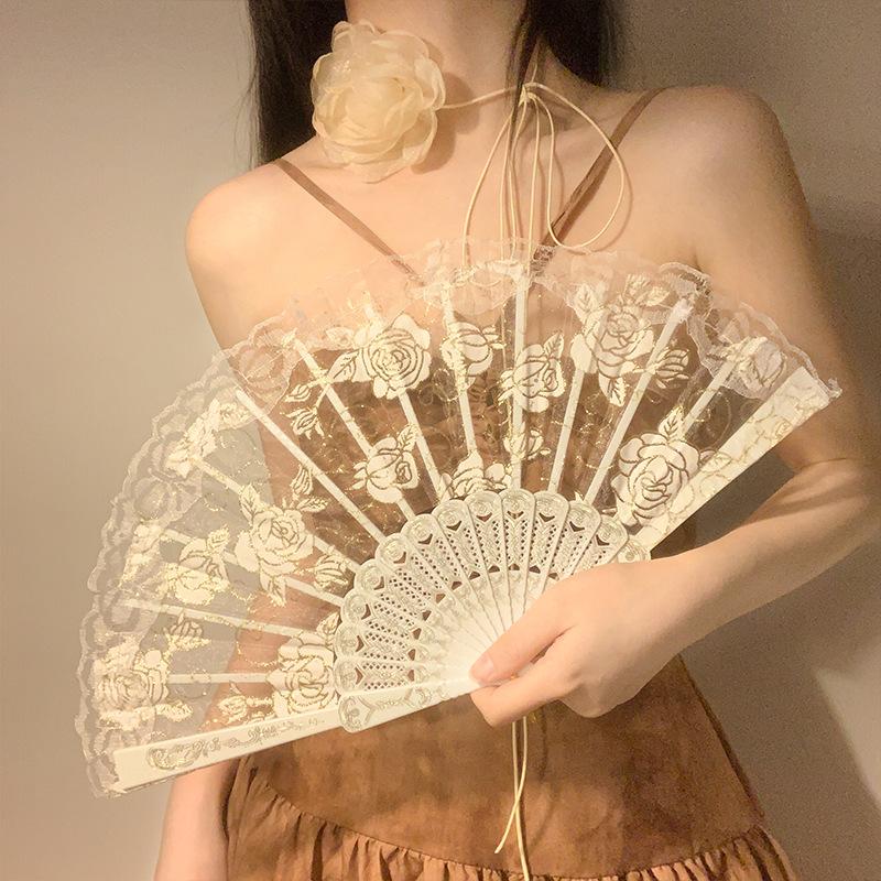 Lace Rose Fan Women Summer Folding Fan Dance Special Ancient Folding Handheld Photo Prop Holiday Birthday Gift