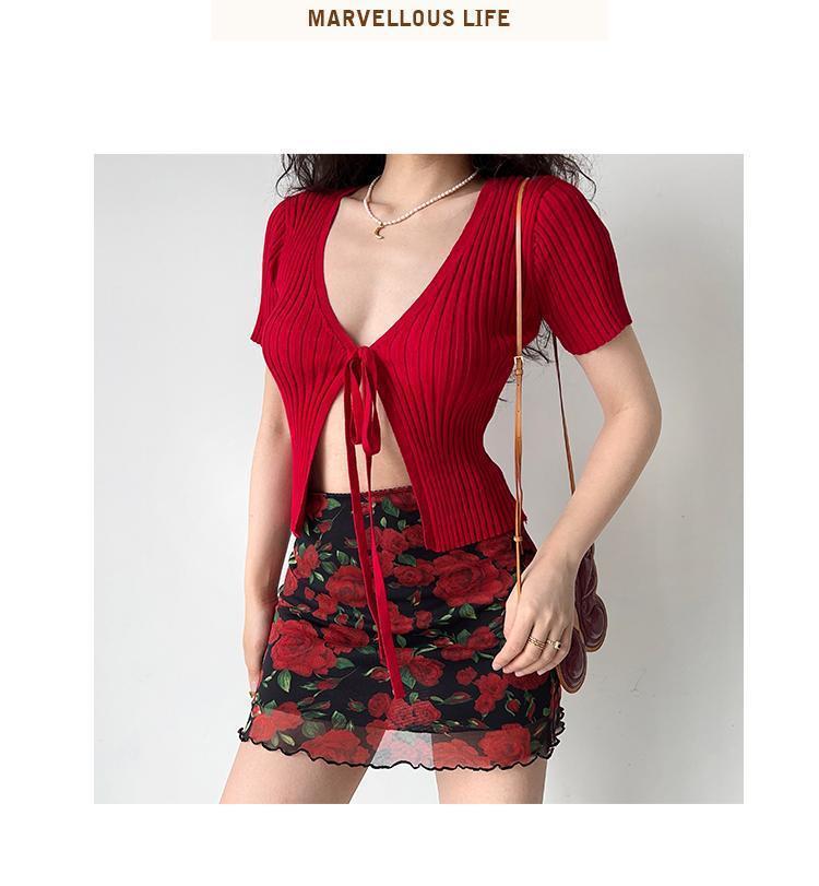 American Spicy Girl Rose Print Mesh High-Waisted Bodycon Mini Skirt for Women