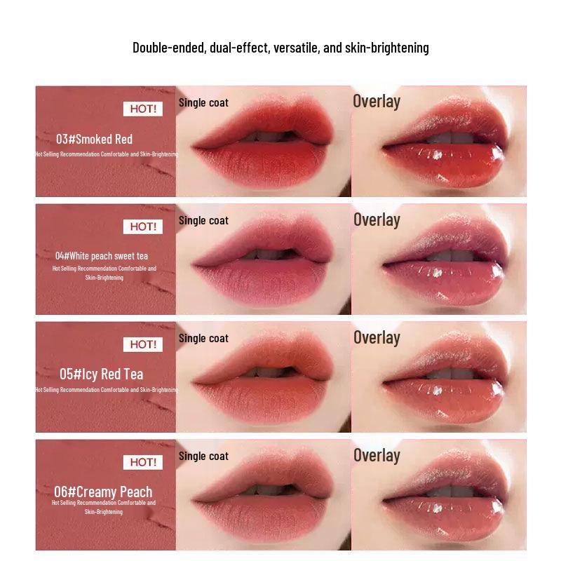 Dual-ended Lip Glaze & Gloss: Mirror Finish, Water Light Effect, Non-fading Nude Shade.