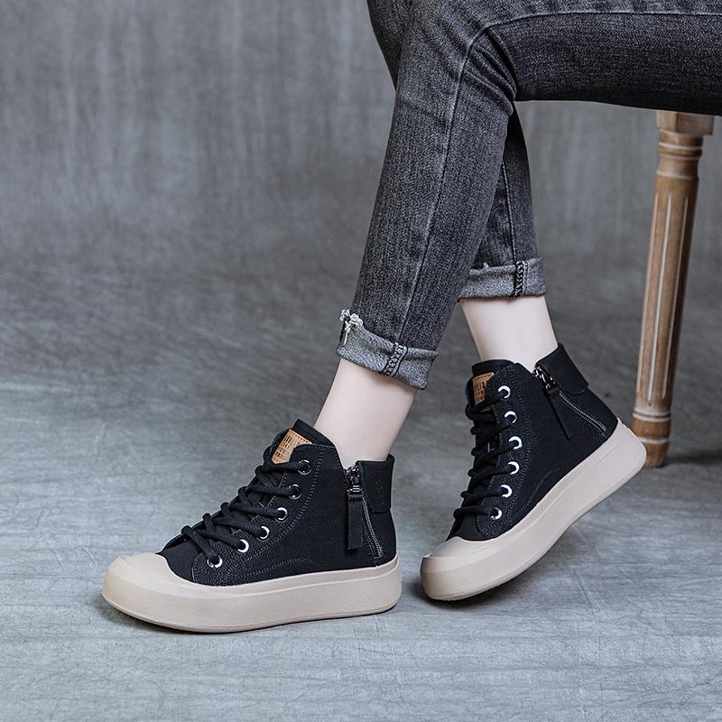Women's High-Top Leather Retro Sneakers, Plus Velvet, Autumn 2023, Sizes 40-43.