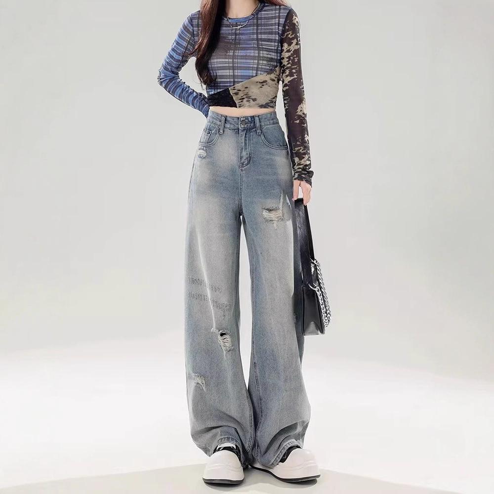 2025 Women's American Style Ripped Wide-Leg Floor-Length Jeans - Loose, Retro, Versatile for Spring and Autumn