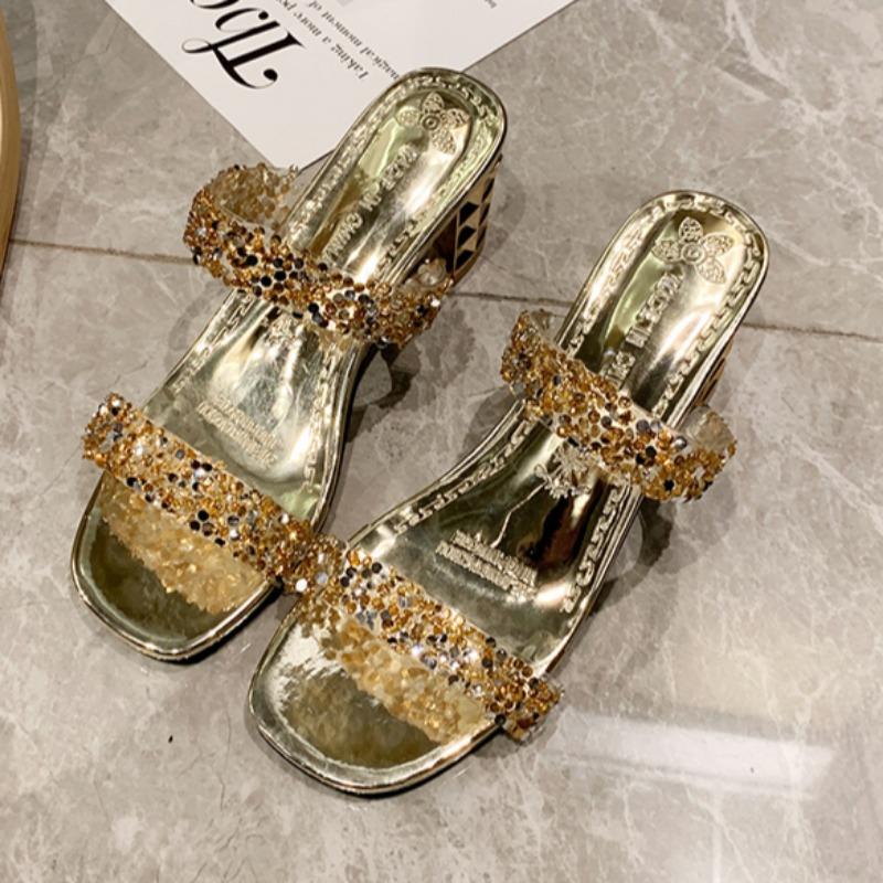 Fashion Women's Chunky Heel Sandals Summer New Round Head Open-toe Crystal with Anti-slip and Wear-resistant Mid-heel Slippers