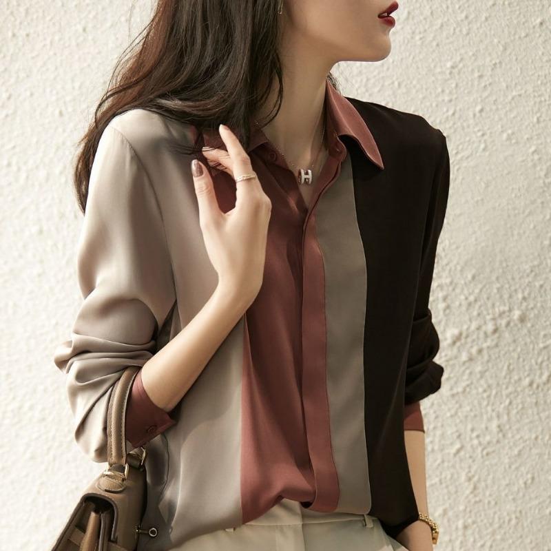 Color-blocked Long-sleeved Shirts for Women Spring and Autumn New Loose-fitting Chiffon Shirts Professional Tops