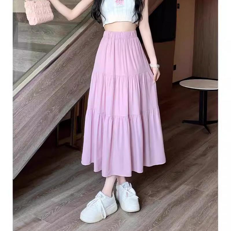 Women's High-Waist Drape Pleated A-Line Skirt - White Korean Style Midi with Hip-Covering Swing