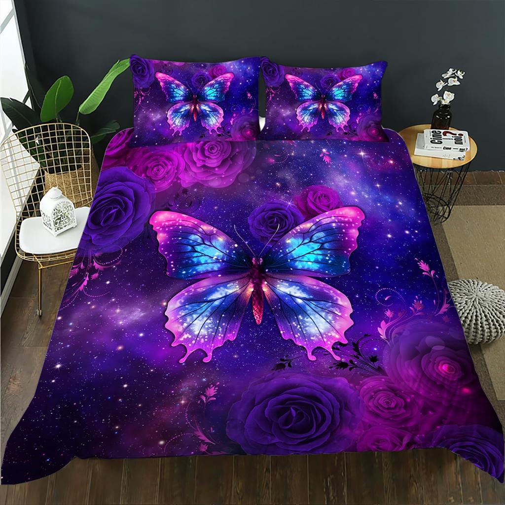 Blue Butterfly Duvet Cover Set for Girls, Mandala Bedding Boho Floral Bedroom Comforter Cover Butterfly Print King Quilt Covers