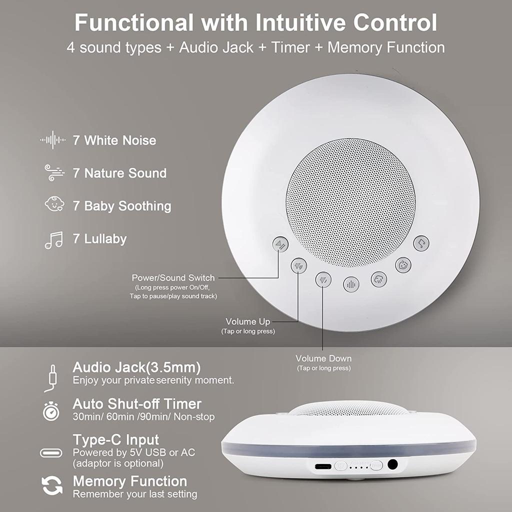 28 Soothing Sounds White Noise Sound Machine for Baby 4 Timer & Memory Function USB Rechargeable Portable Sleep Aid Device