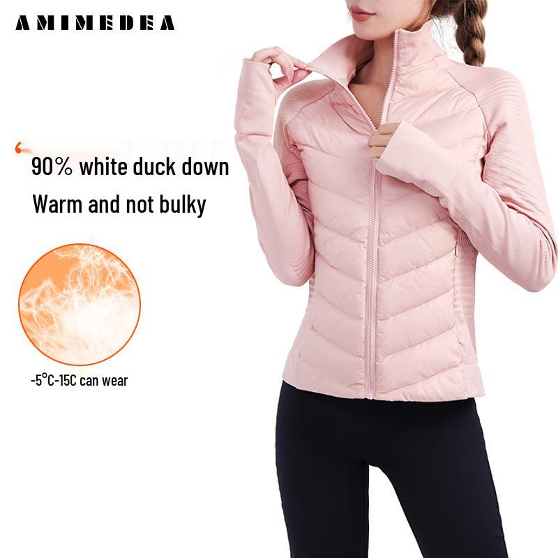 

Winter Lightweight White Duck Down Jacket - Sporty Seamless Warm Stand Collar Slimming Outerwear Large рожевий
