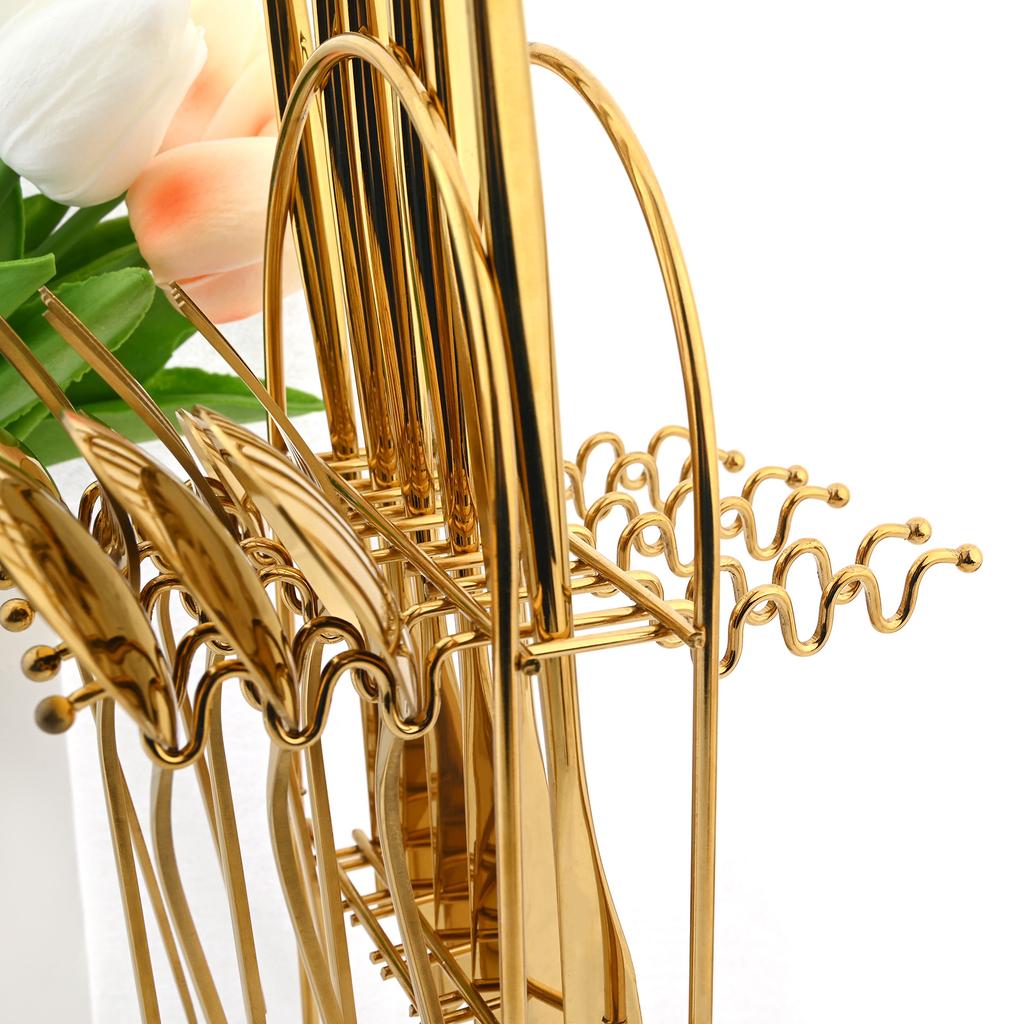 24stk sort gull servisesett rustfritt stål bestikksett kjøkkengaffel kniv skjeer servisesett bestikksett sølvtøy stativ