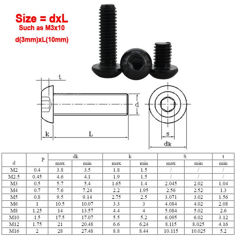 ISO7380 Allen Hexagon Hex Socket Button Round Head Screw Nut Kit M2 M3 M4 M5 M6 Black Grade 10.9 Carbon Steel Bolt Nut Set