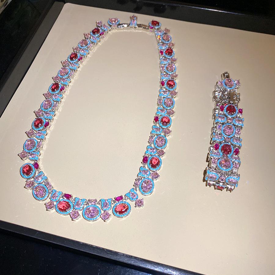 Zircon Shiny Oval Buckle Jewelry Set - Exquisite Retro Court Style Necklace & Bracelet