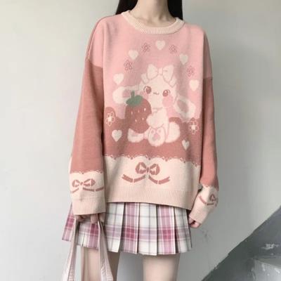 Női Édes Mintás Kötött Lolita Pulóver Japán Cuki Epres Laza Pulóver O Nyakú Hétköznapi Pulóver Lányok Harajuku Ruhák