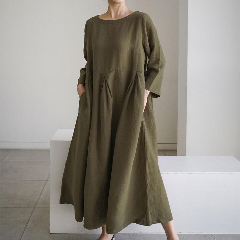 Japanese and Korean Style Plus Size Cotton-Linen Round Neck Pullover Swing Dress