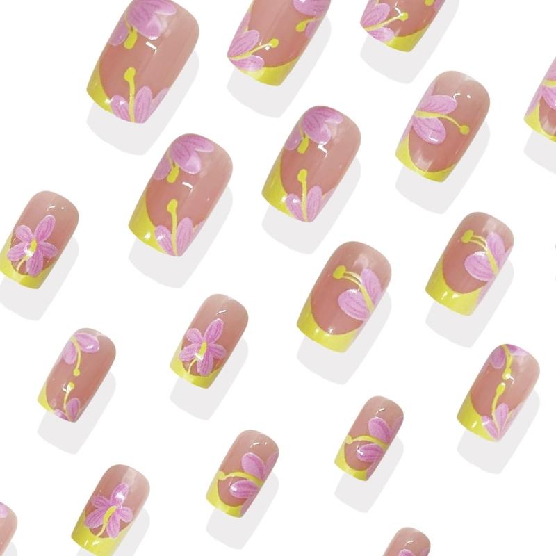 Unhas Quadradas Postiças Flor Unha Postiça Cola na Unha Unha Acrílica Artificial 24 Peças Unha Adesiva para Mulheres e Meninas