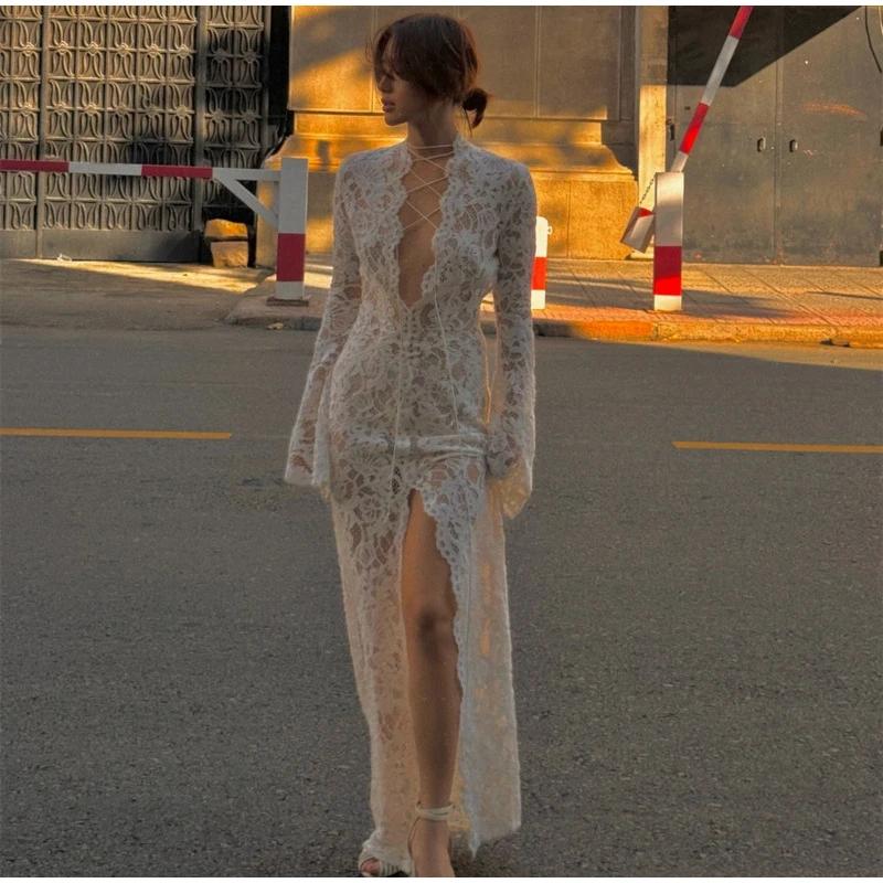 

Lace Hollow Out Women s Dresses Sexy Deep V Split Long Dresses Lace Up Long Sleeve Maxi Dress Elegant Beach Party Ladies Dress S