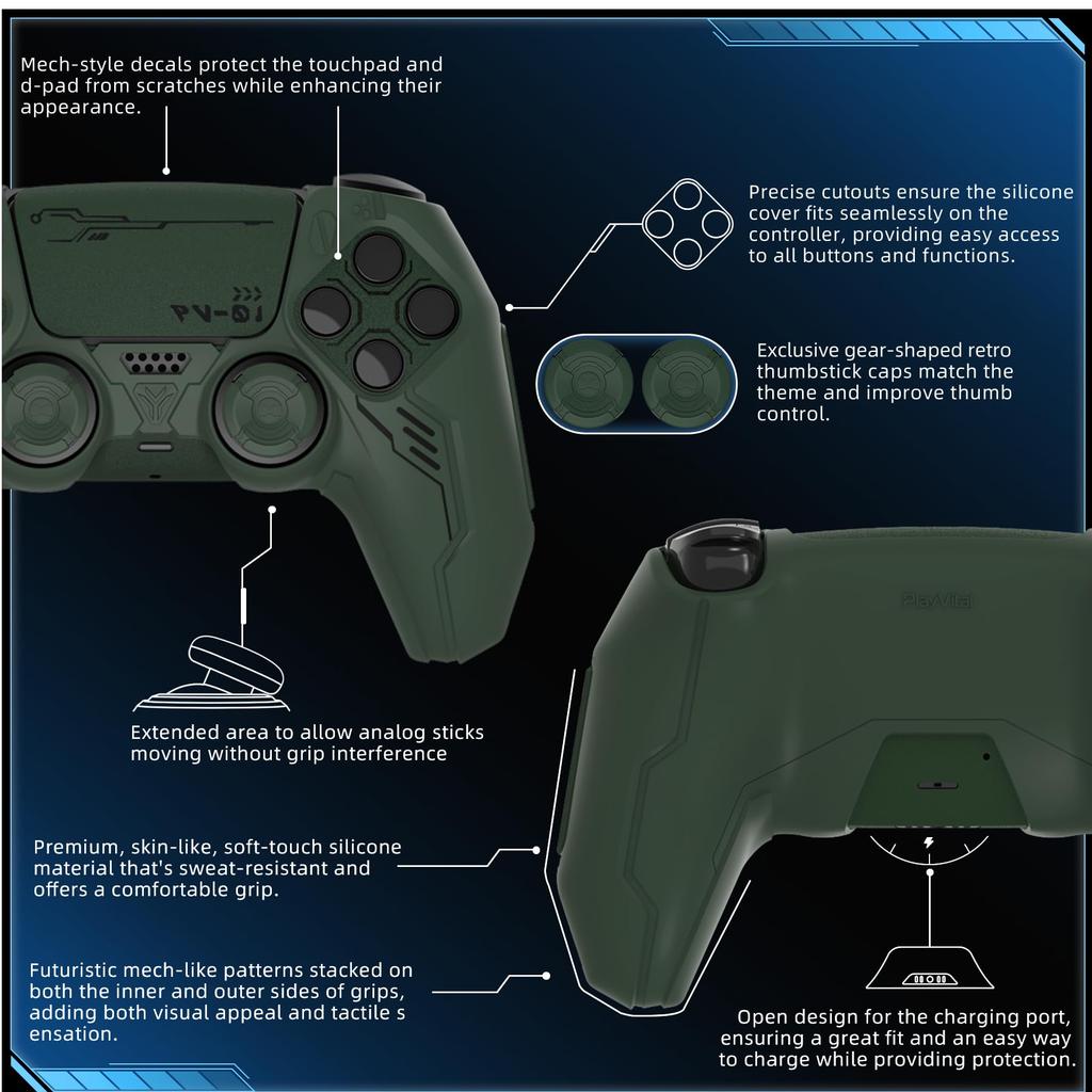 Silicone Cover for PlayVital Mecha Edition PS5 Improved Compatible with Charging Thumb Cap and Sticker Included Controller, Shockproof, Anti-slip