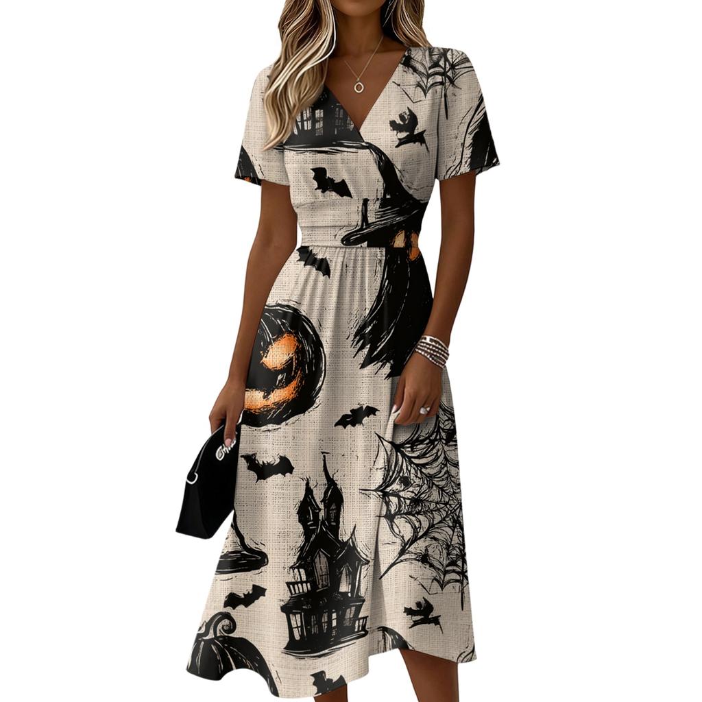 Women's V-Neck Short Sleeve Halloween Print Casual Dress for Halloween Party