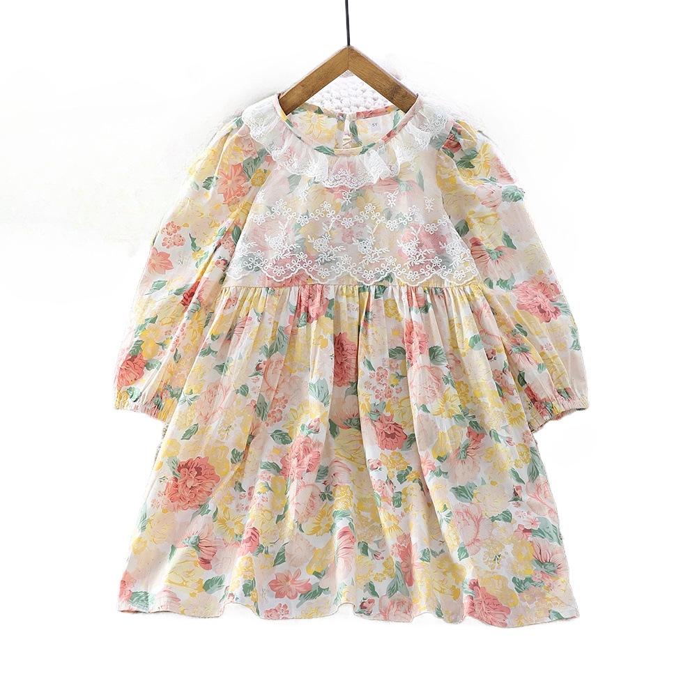 Korean Style Girls' Retro Lace Princess Dress - Elegant Long Sleeve Birthday Dress