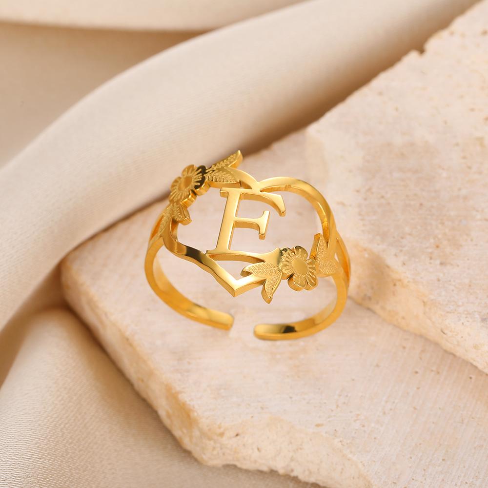 Stainless Steel Initials Flower Heart Rings Gold Color Adjustable Delicate Letter Leaf Rings For Women Girl Alphabet Jewelry KTJ