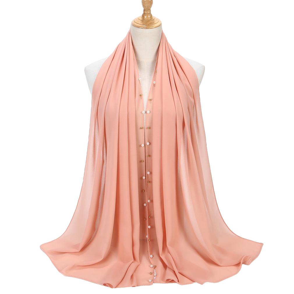 Women's Solid Chiffon Pearl Scarf, Elegant Beaded Hijab Shawl, Muslim Headscarf for Daily/Party