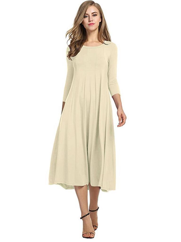 2024 Damen Sommer Mode Rundhals Mittellange Ärmel Einfarbig Großes Schwingkleid
