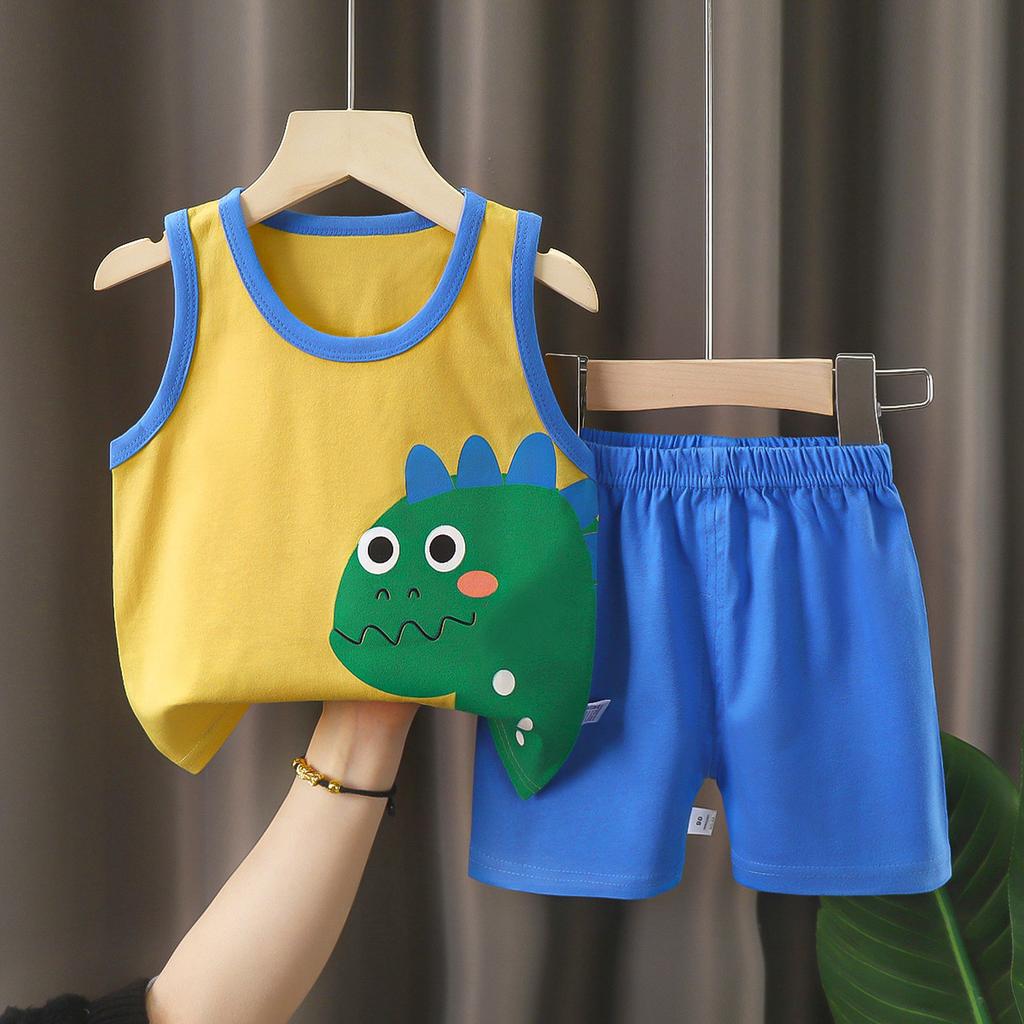 Summer Kids Non Sleeve O Neck Vest Pants Set Casual Baggy 2pcs Suit Cotton Cartoon Printes Outfit