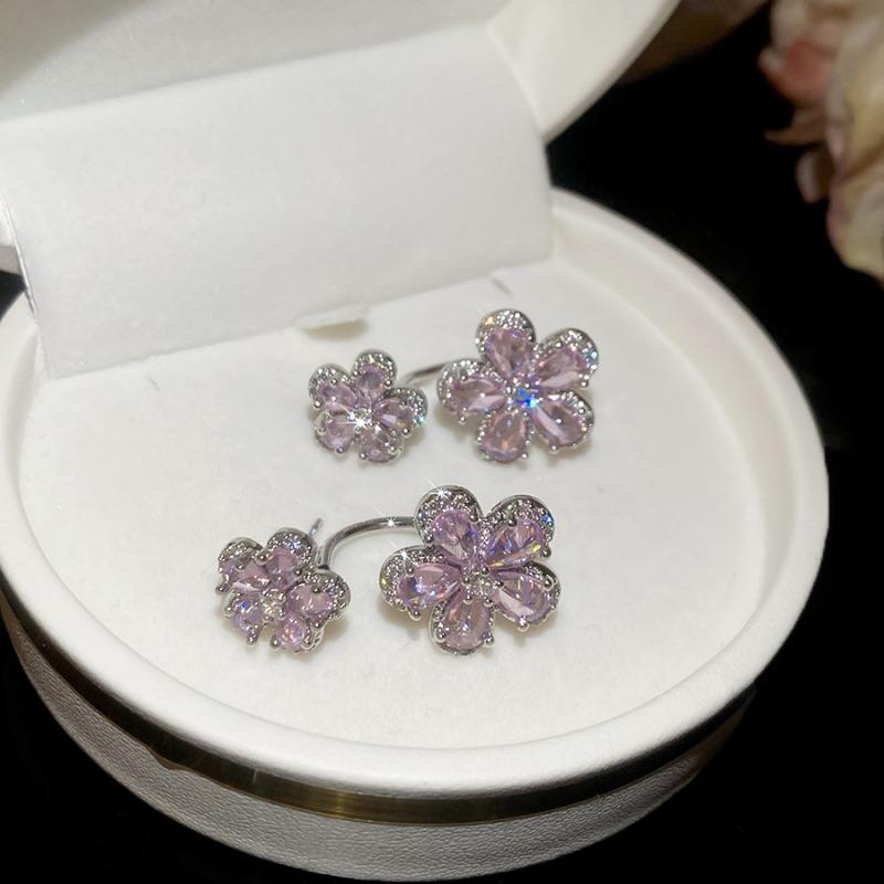 Korean Fashion Pink Color CZ Cubic Zirconia Flower U Shape Dangle Earrings for Women Silver Plated Copper Holiday Jewelry