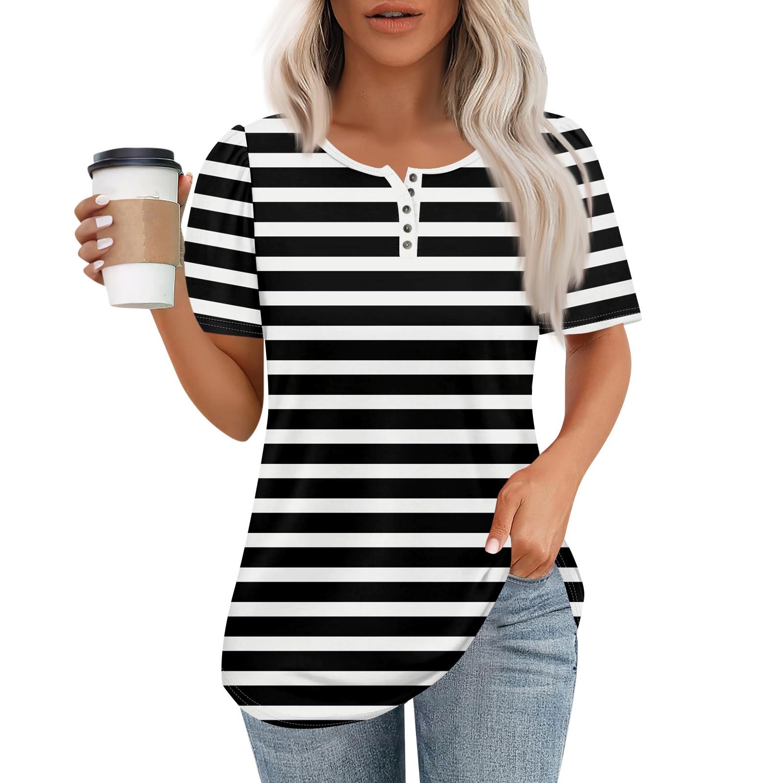 

Женский модный повседневный короткий рукав пуловер с принтом на пуговицах и круглым вырезом L чёрный