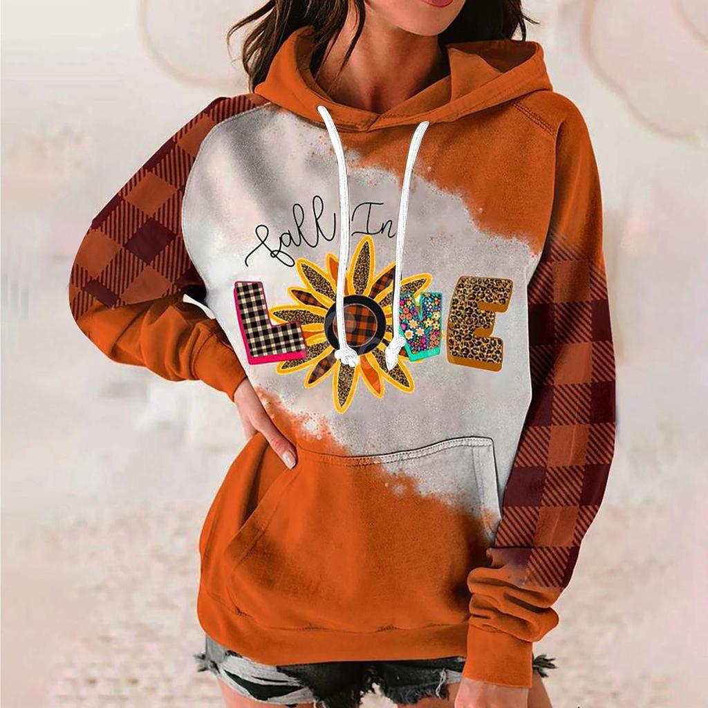 Ladies Casual Fashion Long Sleeve Printed Loose Round Neck Hooded Sweater