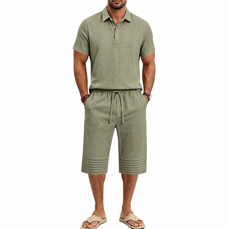 Summer Men's Casual Sportswear Sets Lapel Men's Short-Sleeved Shirt and Shorts Solid Beach Set