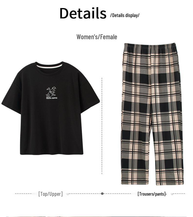 Summer Couple Pajamas Set: Women's Short Sleeve Plaid Top with Long Pants, Pure Cotton Casual Sportswear, Men's Plus Size, Spring/Summer Collection.