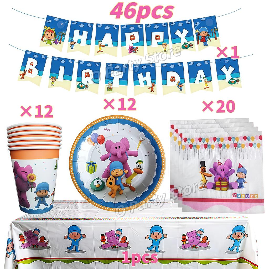 Pocoyo Geburtstag Dekorationen Einweg Geschirr Becher Teller Luftballon Banner Für Kinder Mitgebsel Babyparty Deko Party Zubehör Geschenk